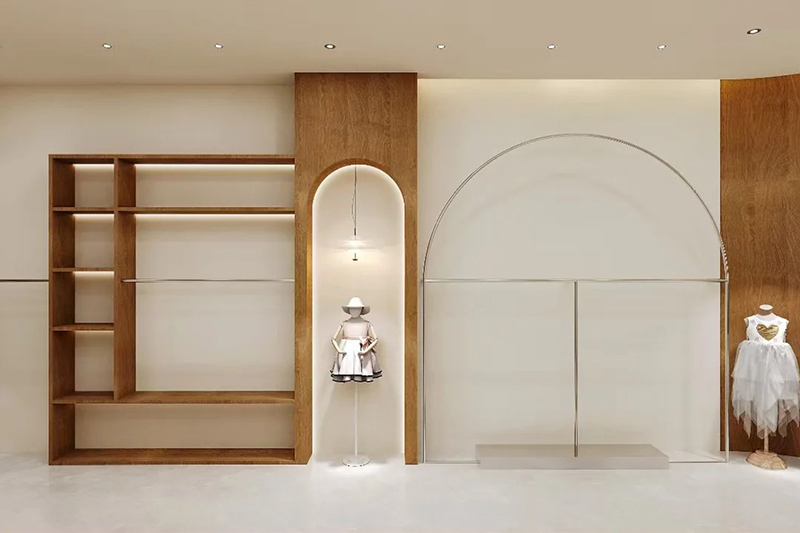 Custom Children Clothing Store Display Furniture with Soft Cream Wood Unified Tone and Kid-Friendly Minimal Aesthetic Modular Detachable Structure