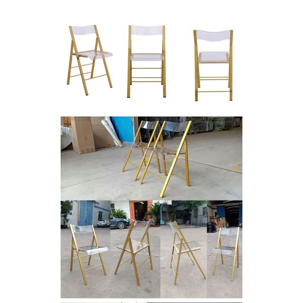 Silla plegable inoxidable de la boda de la silla de acrílico transparente del marco de acero del oro para el hotel