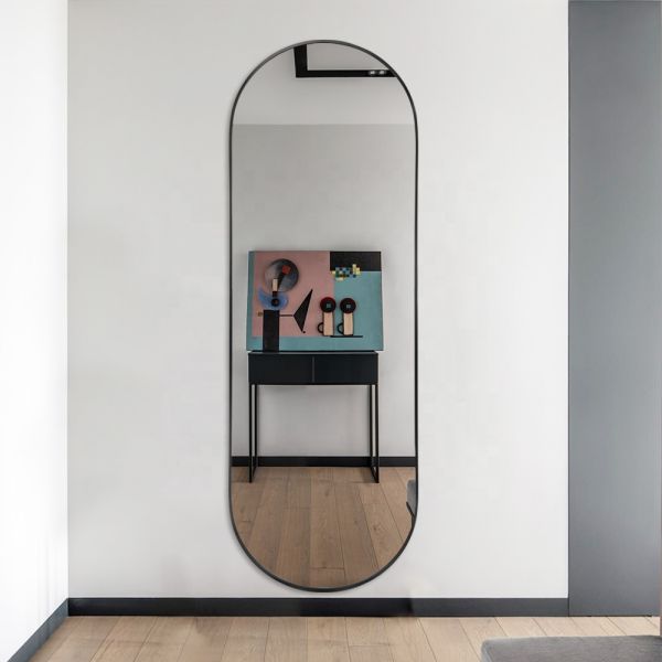 Aluminum Frame Minimalist Full Length Mirror Runway Shape Ledge Standing Dressing Mirror