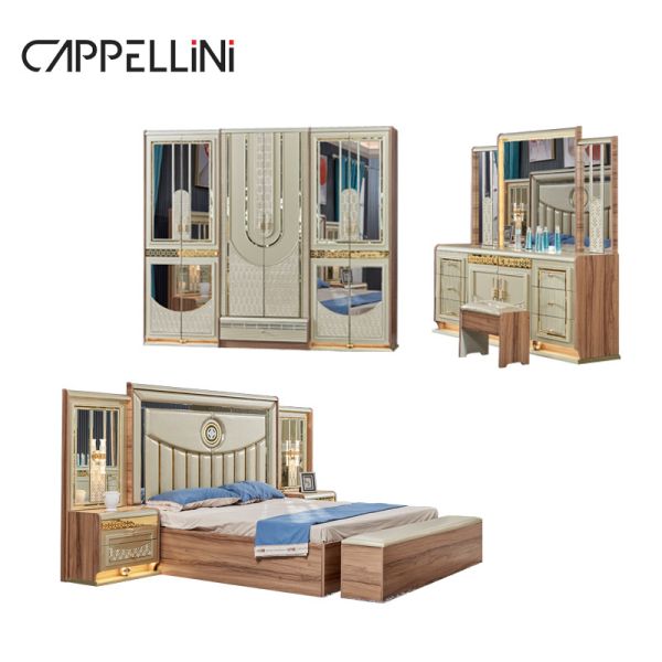 Luxury Gold Wood Double Leather King Size Bed Wooden Modern Home Full Bedroom Furniture Set