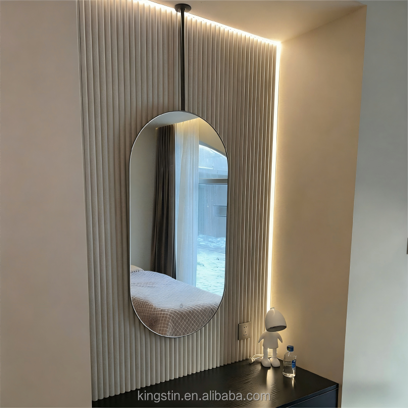 Kingstin Custom Stainless Steel Ceiling Mounted Oval Bathroom Mirror, Hanging Vanity Mirror for Hotel & Villa