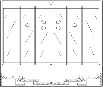 Four wing Track telescopic leaf sliding glass door leaf weight 300 kg / 2 x 150 kg