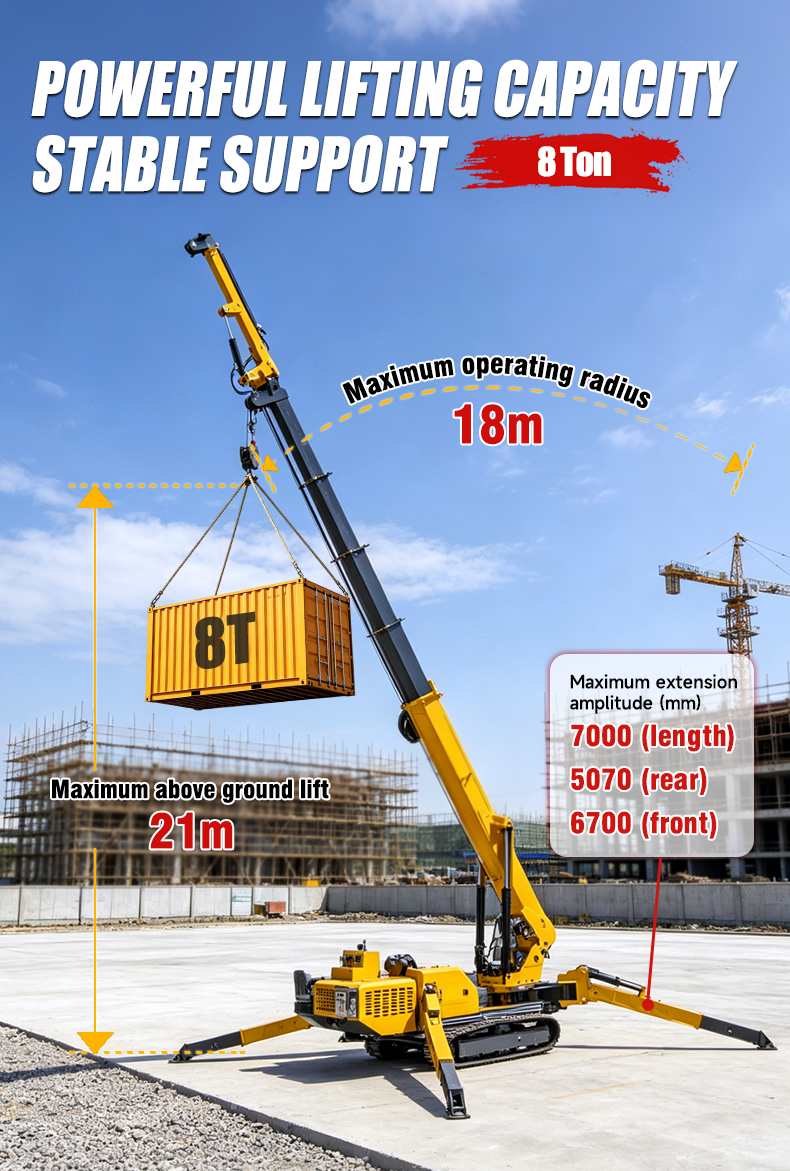 HTSC8.0 Crawler Spider Crane with 360° Continuous Rotation 21m Maximum Lift