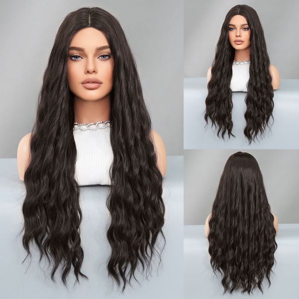 Fashion Long Deep Wave Hair Natural Black Synthetic Wigs For Women