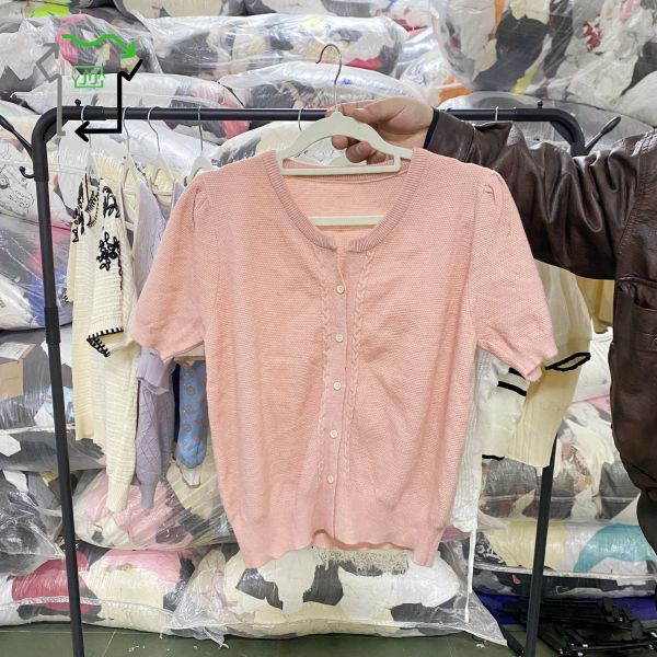 Polyester Cotton Used Summer Clothing Women Knitted Short Sleeved Shirt Formal Blouses