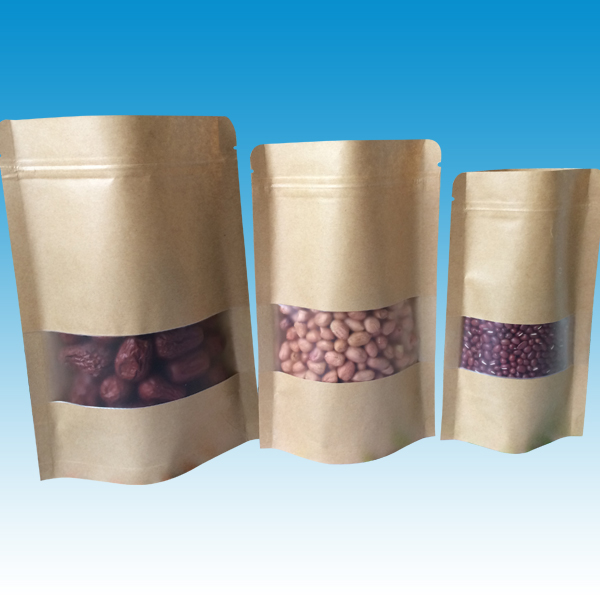 Dried Food Brown Kraft Paper Bags Food Grade Stand Up With Hole Handle