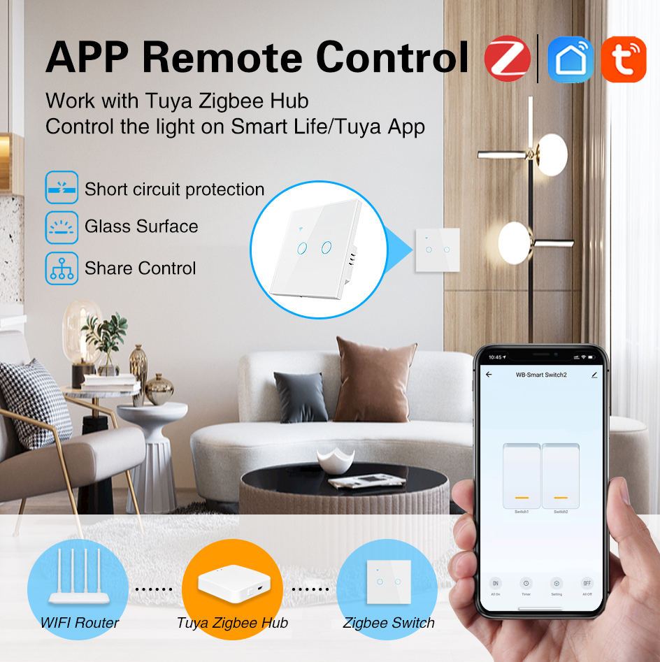 Умный переключатель Tuya Zigbee, тип 86 для стандартов ЕС/Великобритании, 4-панельная панель из закаленного стекла, работает с Google Assistant Amazon Alexa