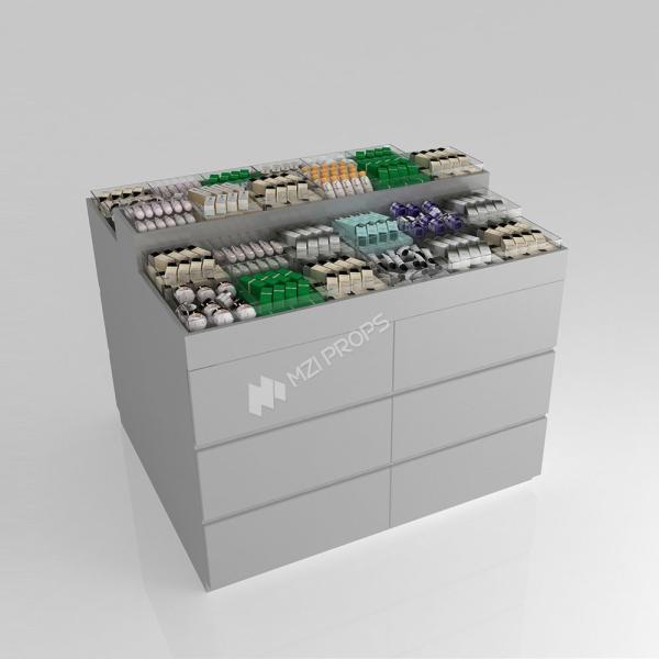 Retail Display Furniture Grey Wooden Sample Island For Premium Display Stand And Luxury Display Table