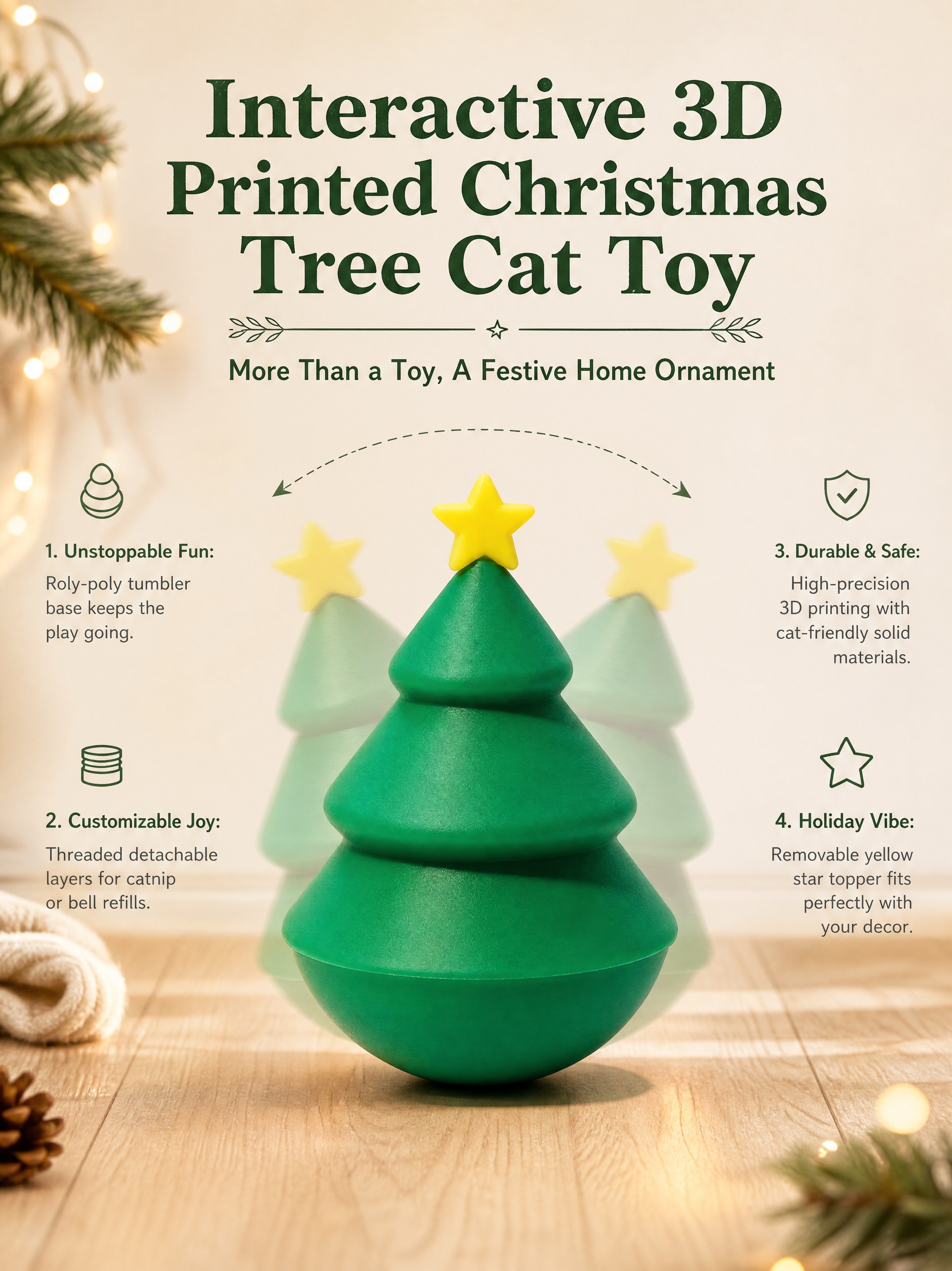 Pine Tree 3D Printed Pet Accessories Removable Fillable Bell Roly Poly Toy