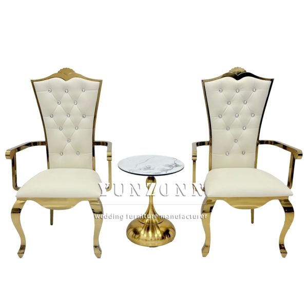 Manufactured White High Back Golden Rental Stainless Steel Hotel Banquet Event Wedding Couple Arm Chairs