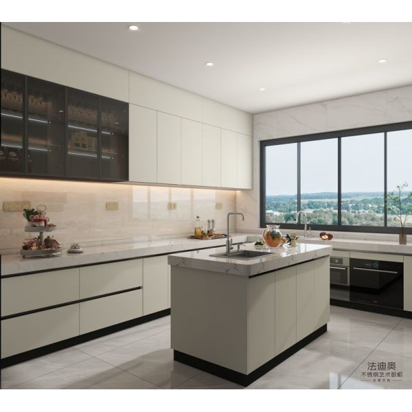 Off-White U-Shaped Stainless Steel Kitchen Cabinet with Island