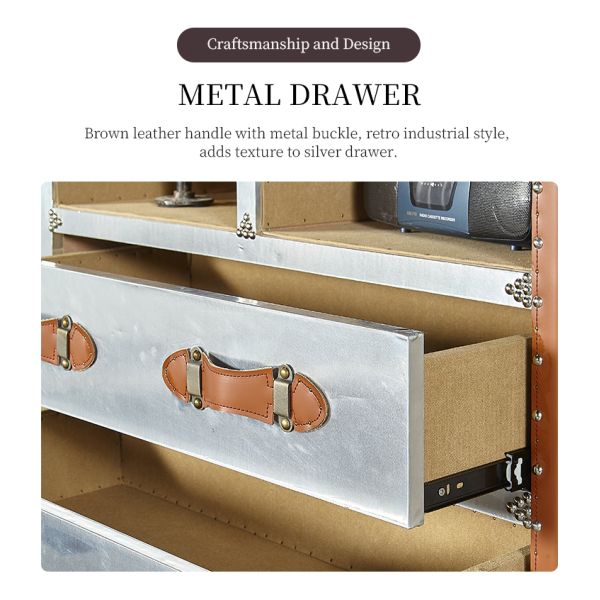 Nidea #302 Industrial Style Wooden Shelf Aluminum Frame Bookshelf with Pull-Out Shelves Multifunctional Design for Living Room Home Office