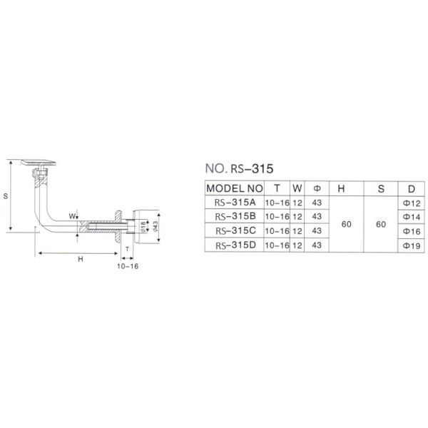 Handrail bracket glass to wall RS315, material stainless steel 304, finishing satin or mirror