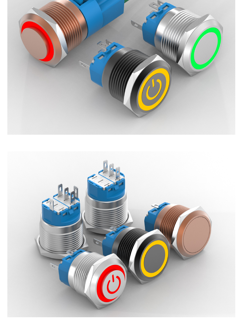 Metal push button switch 22MM, self-reset and self-locking, with light, normally open and normally closed, silver and black, power button 220V