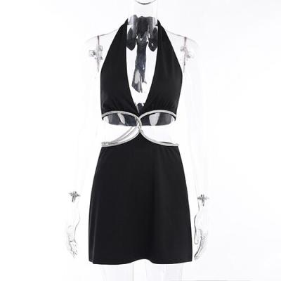 OEM maufactory sexy skirt spring new polyester sleeveless  deep V beauty back waist hollow bag dress