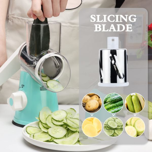 3 Drum Blades Stocked Rotary Cheese Grater for Manual Vegetable Slicer and Walnuts Grinder