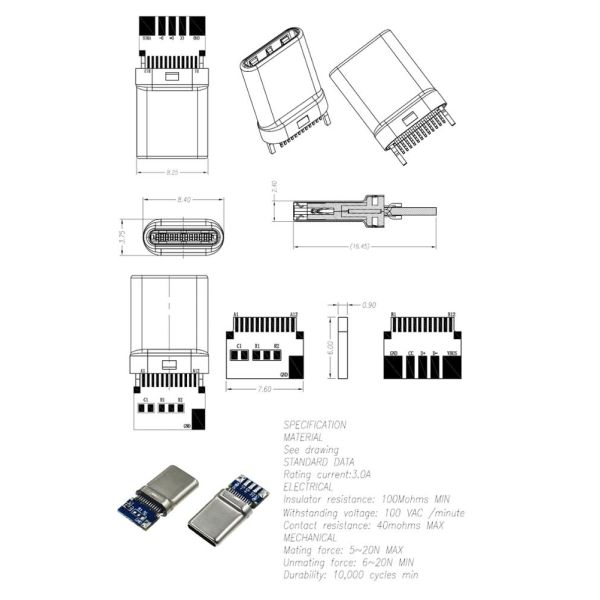 5Pin тип 2,0 разъем-вилка C-C 10NF USB 3,1 c с PCB