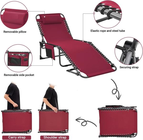 Folding Outdoor Chaise Lounge Chair, 5-Position Adjustable Beach, Sunbathing, Patio, Pool, Lawn, Lay Flat Portable