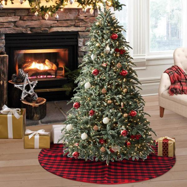 Christmas Tree Skirt Red and Black Plaid Buffalo Double Layers Checked Deco for Holiday Party Mat Xmas Ornaments