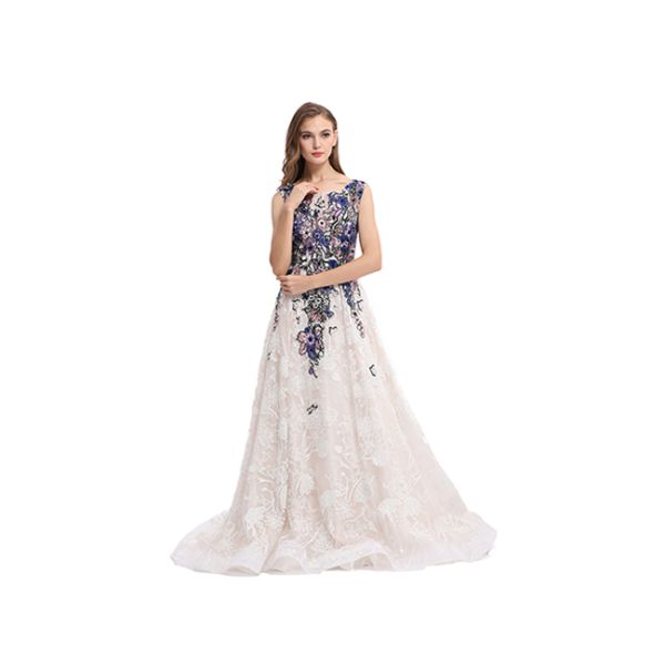 Sequin Embroidery Fabric Arabic Evening Dresses Beige Color Zipper Back Style