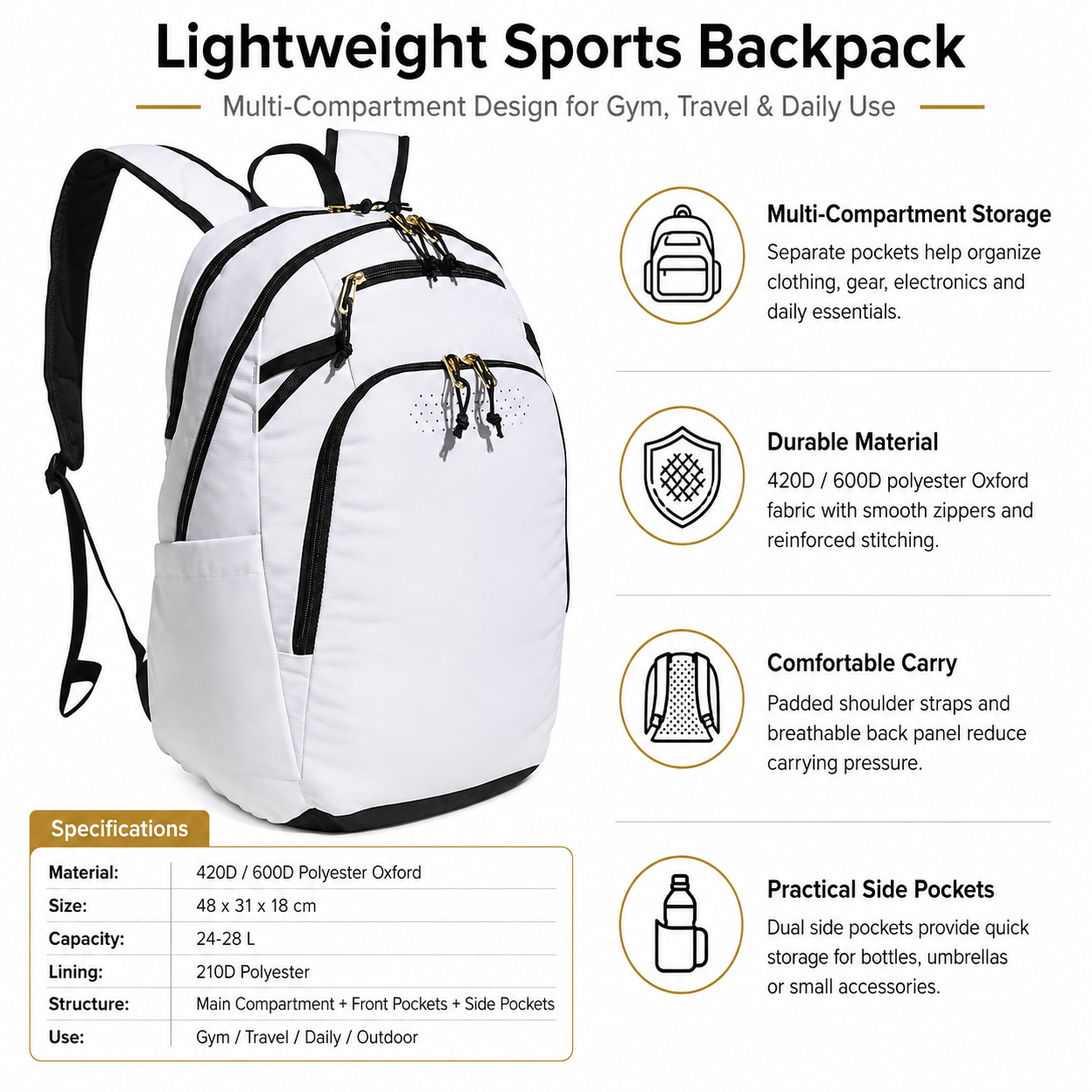 Lightweight Multi-Compartment Sports Backpack with Breathable Padded Back, Dual Side Pockets & Durable Oxford Fabric for Gym, Travel and Daily Use