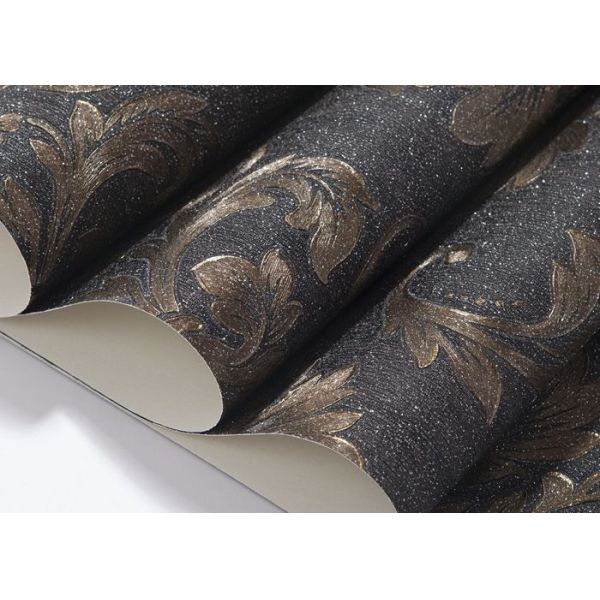 Removable Victorian Damask Wallpaper Embossed Black and Golden Pattern , 0.53*10m/ roll