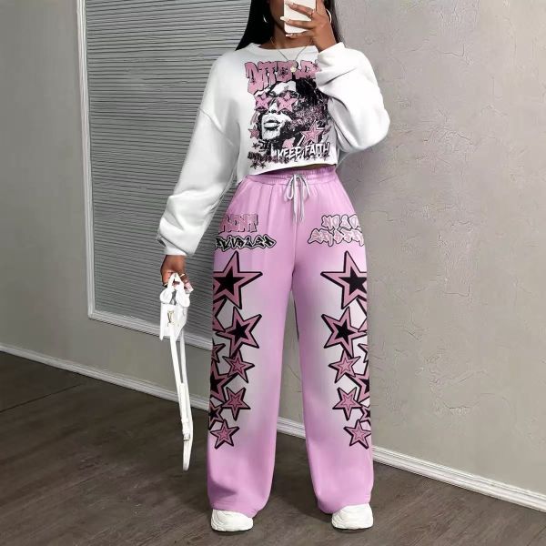 Flame Print Cropped Sweatshirt & Jogger Set with Adjustable Drawstring Waist - Urban Streetwear Tracksuit