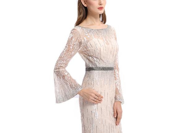 Mermaid Arabic Long Sleeve Formal Dresses , Long Sleeve Dress With Sequined Sash