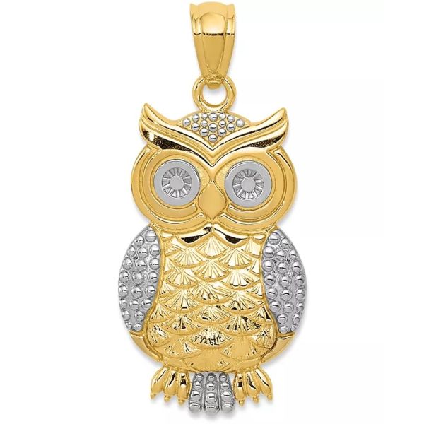Textured Owl Charm Bead Pendant in 14K Gold with Rhodium Plating For Women