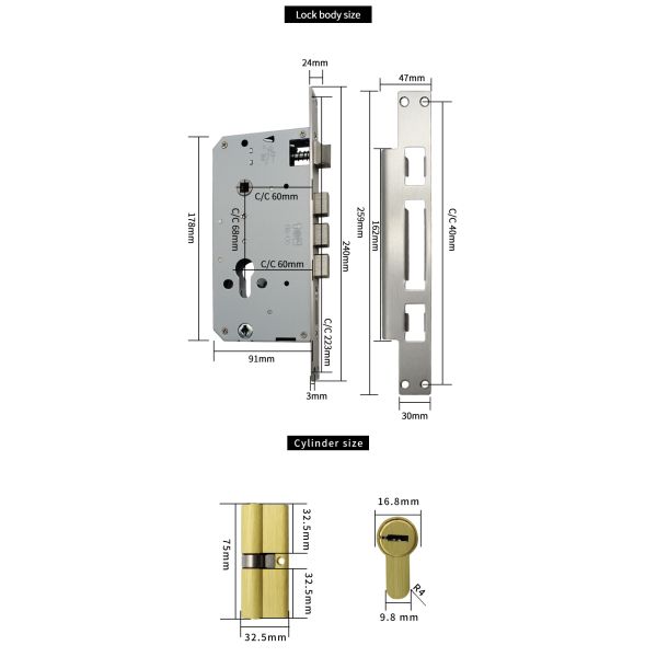 330mm Series Cylinder Mortise Lock for Main Door Lock Medium Security Level 3 Keys 304 Stainless Steel