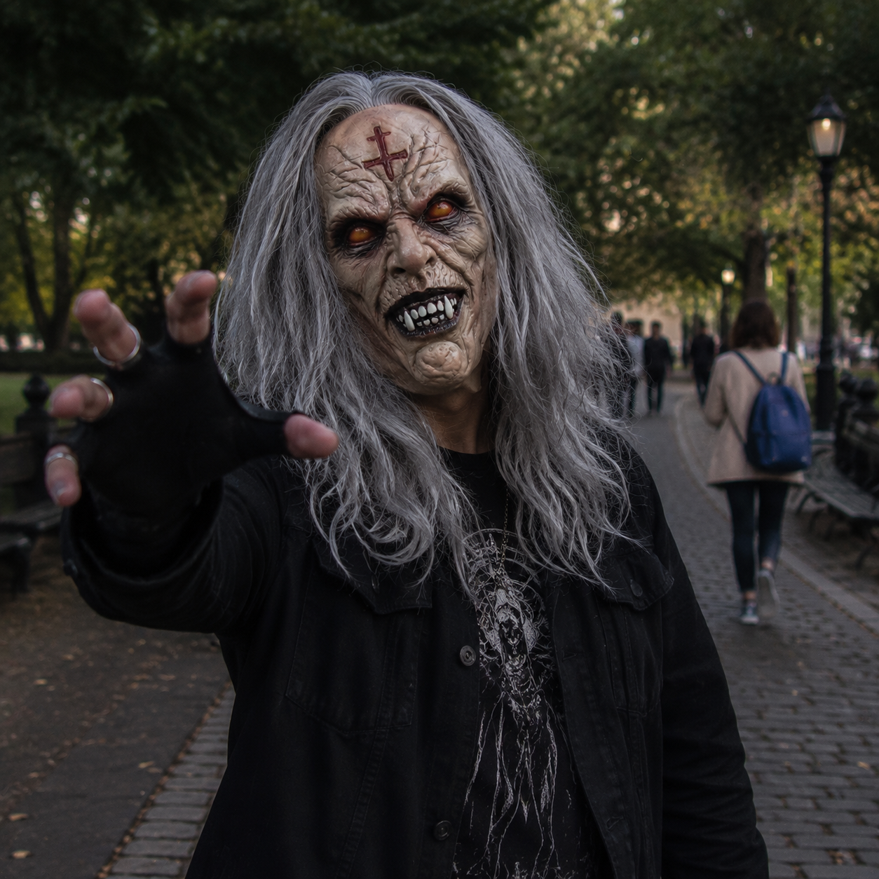 Scary Demonic Elder Zombie Latex Full Head Mask with Gray Hair Wrinkled Rotting Skin Red Glowing Eyes Sharp Horror Teeth Realistic Horror Costume Prop for Halloween Cosplay Party Haunted House