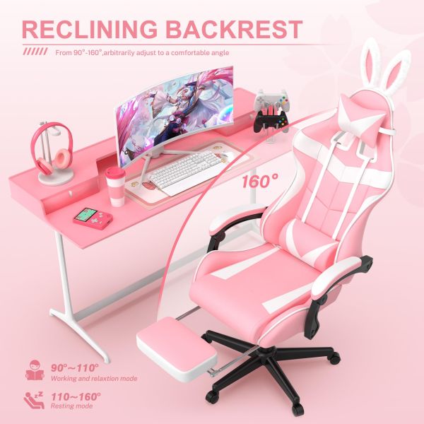 Swivel Chair Pink Gaming Chair with Footrest and Adorable Bunny Design Mail Packing