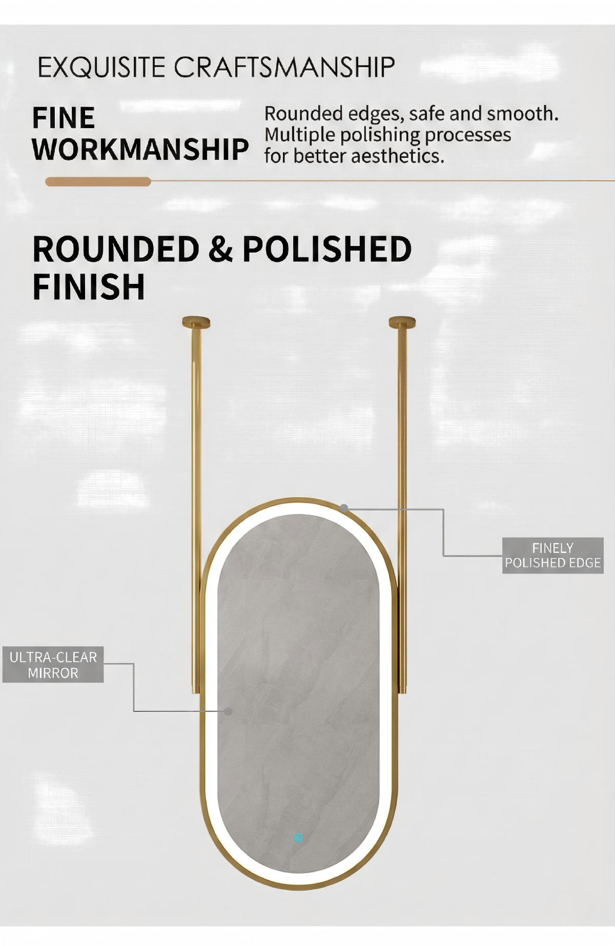 Kingstin Luxury Oval Ceiling Hanging LED Mirror Gold Brushed Frame, Smart Touch Switch Anti-Fog Suspension Bath Mirror