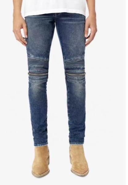 Custom Apparel Supplier Men'S Blue Slim Fit Jeans Stretch Destroyed Ripped Skinny Jeans Knee Zipper Jeans