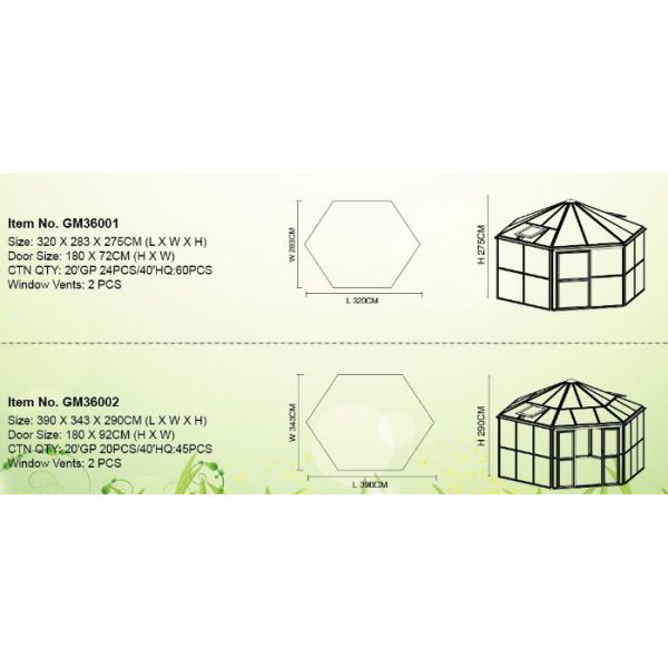 Aluminum Greenhouse-Hexagon Series-320 X 283 X 275CM-Dark Grey Color- PC or Glass