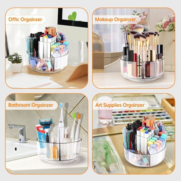 5 Slots 360-Degree Spinning Acrylic Pen Holder for Desk, Marker Holder Caddy Art Supply Organizer Pen Organizer for Desk