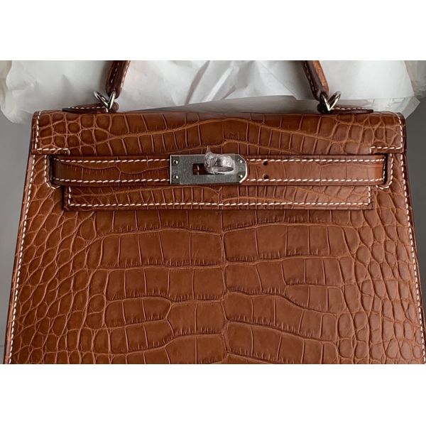 Square Crocodile Skin Bag , Yellowish Brown Crocodile Skin Handbag
