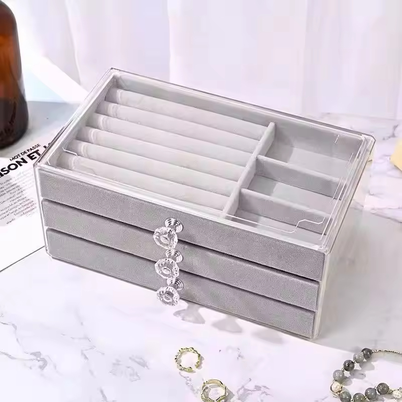 Hot Selling Retro Fashion Artwork Gray Velvet Transparent Acrylic Drawer Accessories Earrings Rings Storage Box