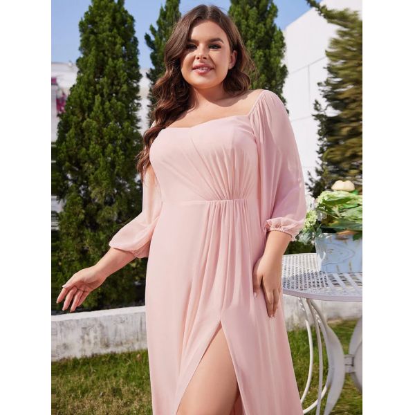 Plus Size Ruffled Sweetheart Neck Long-sleeved High Slit Pink Chiffon Off-shoulder Bridesmaid Dresses 