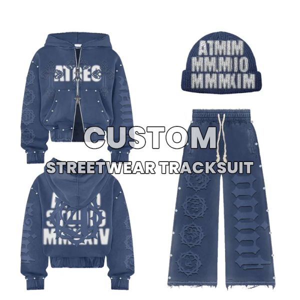 Manufacturer Custom Sweatsuit | Rhinestone Streetwear Tracksuit | Oversized Baggy Cropped Acid Wash Flared Sweatpants and Hoodie Set