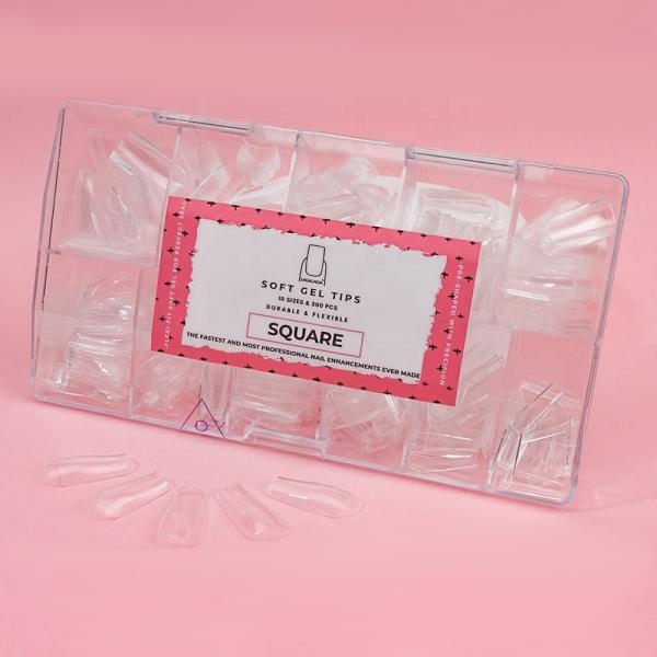 Customers' Logo Salon Soft Gel Full Cover French Almond Stiletto Tip False Press on Nails Gel Tips Clear 500 MSDS Certified