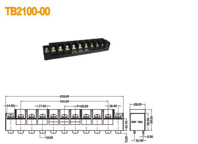 Тангаж 20.20mm 600V 100A 11P терминального блока барьера