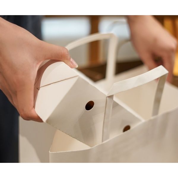 Custom Flat Handle  Paper Bag Restaurant Delivery Take Out Packaging Carry Kraft Takeaway Food Paper Bag