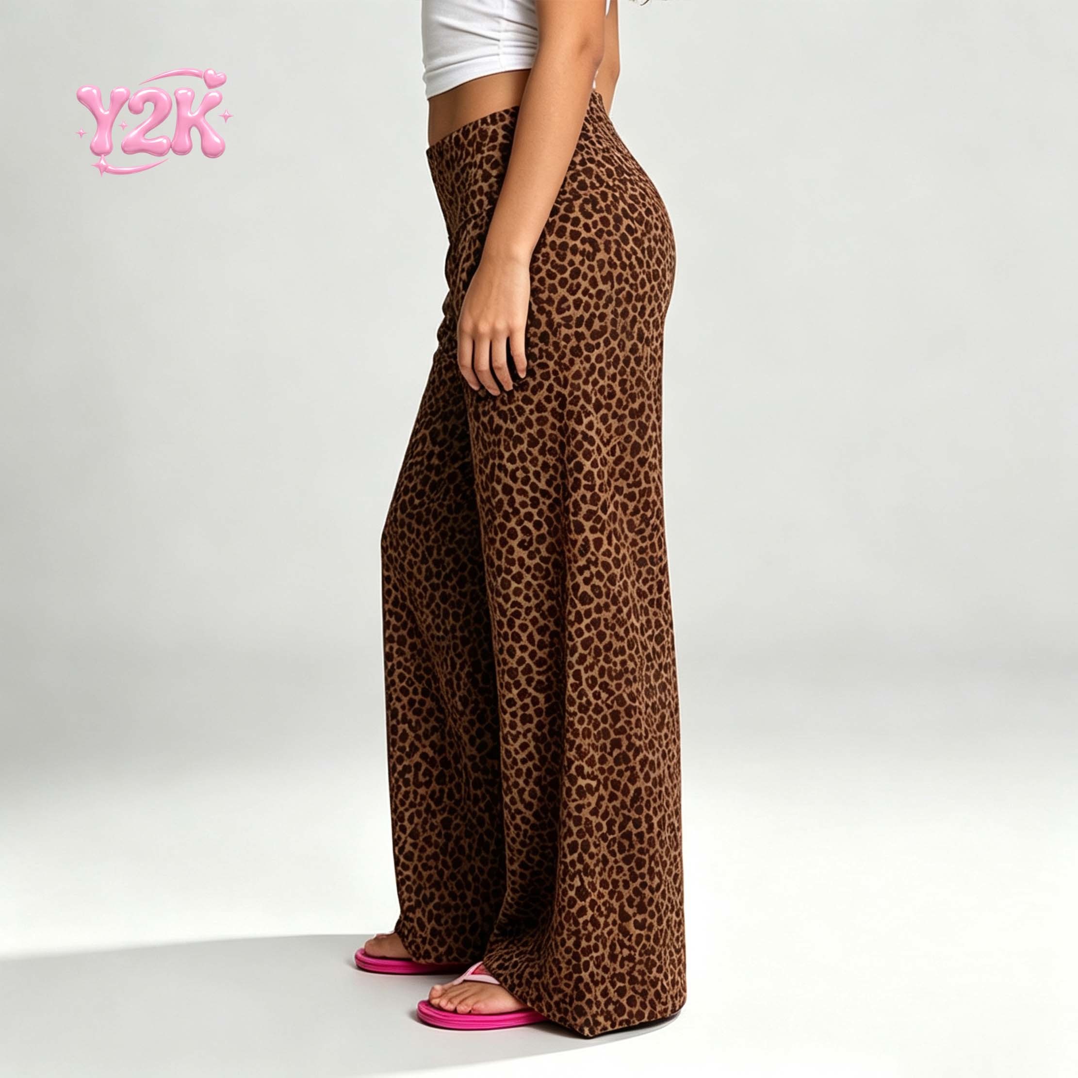 Custom Women's Leopard Print Fold Over Wide Leg Lounge Pants