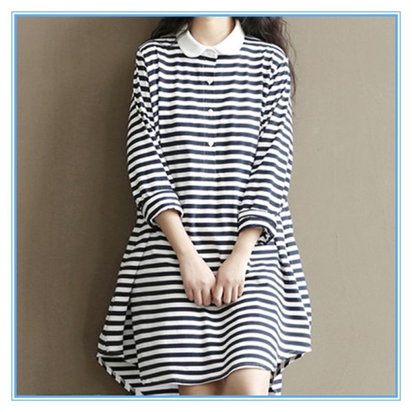Дизайн поло рубашки Зимние корейские полосатые платья Новая мода Леди платье