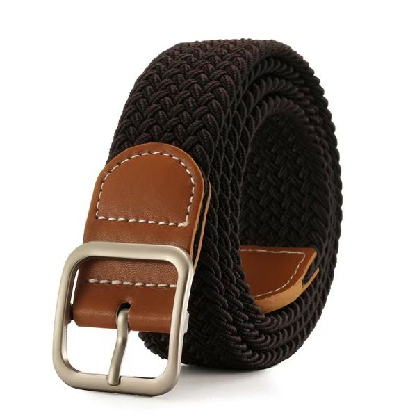 Canvas Woven Belt, Leather Trim Belt, Silver Buckle, Stretch Belt, Two-Tone Casual Belt, Versatile Belt for Jeans