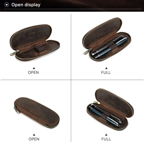 CROSS-BORDER RETRO CRAZY HORSE LEATHER PEN BAG HANDMADE 2 OVAL ZIPPER PORTABLE PEN CASES