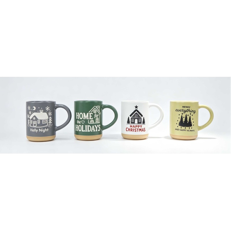 4 Pack Matte Christmas House Ceramic Mugs, Rustic Clay Bottom Winter Cabin Coffee Cups, Farmhouse Holiday Home Themed Drinkware Gift Set