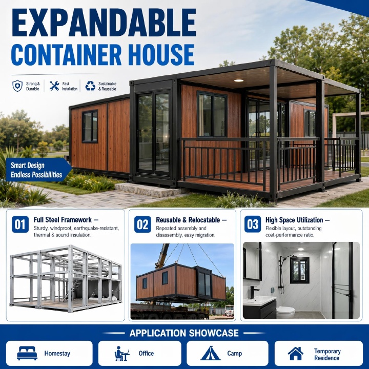Modern Expandable Container Room With Large Glass Windows and Quick Assembly Design for Site Office and Temporary Living Unit