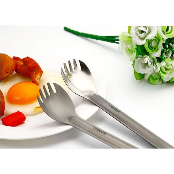 Pure Titanium Long Handle Camping Spoon Spork Set Polished Or Sandblasted